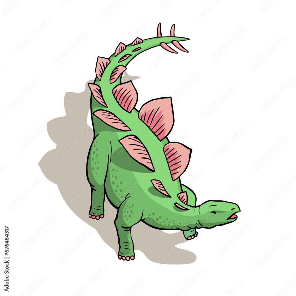Fototapeta premium Big stegosaurus lizard. Tail with spikes. Herbivorous dinosaur of the Jurassic period. Prehistoric pangolin. Cartoon vector illustration isolated on white background. Hand drawn line