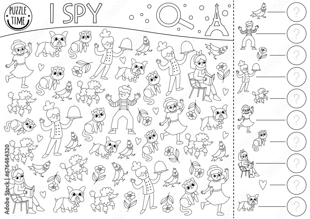 France black and white I spy game for kids. Searching and counting activity with people, animals. French printable line worksheet. Simple spotting puzzle or coloring page with chef, mime, rose, girl.