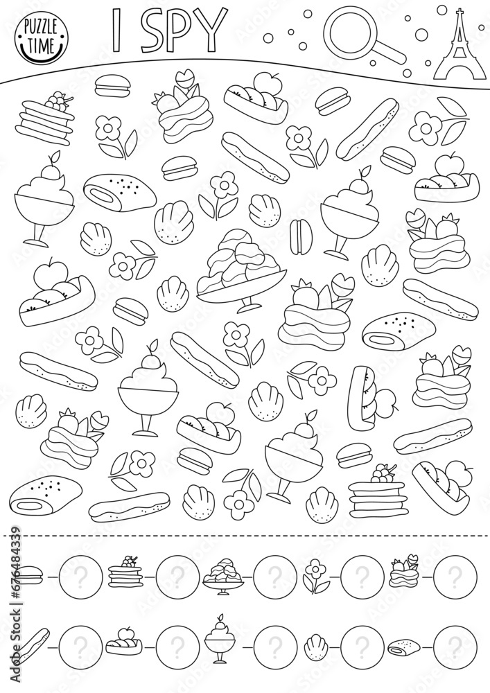 France black and white I spy game for kids. Searching and counting line activity with traditional French desserts. Printable worksheet or coloring page. Simple spotting puzzle with macaroon, eclair.