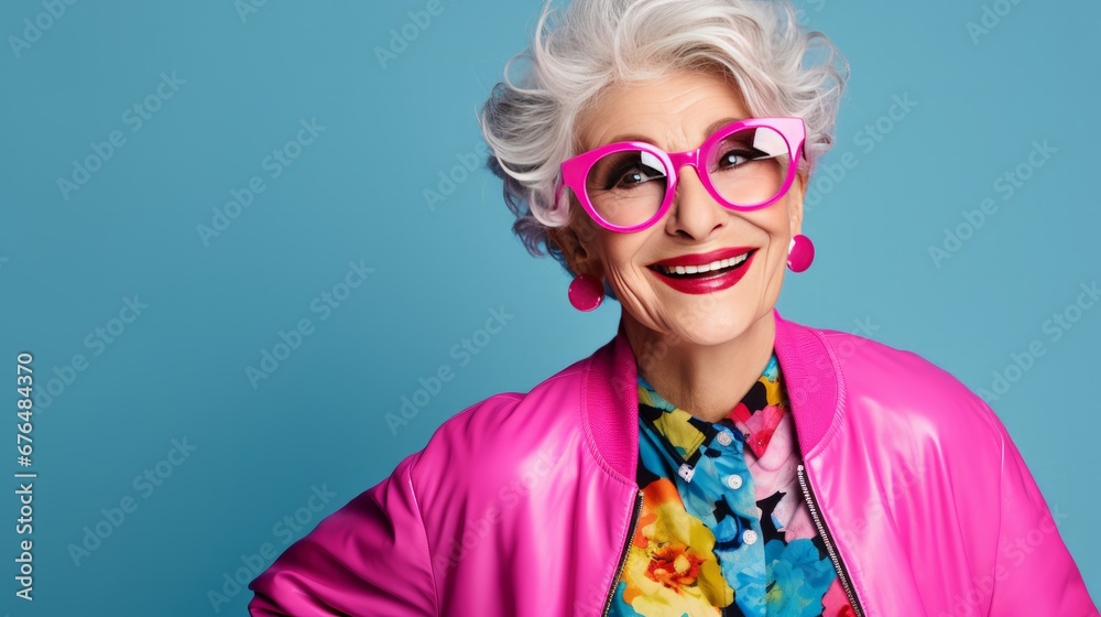 A cheerful and witty elderly woman wearing stylish clothing is portrayed against a colorful background. A cheerful and witty elderly woman wearing stylish clothing is portrayed against a colorful background.