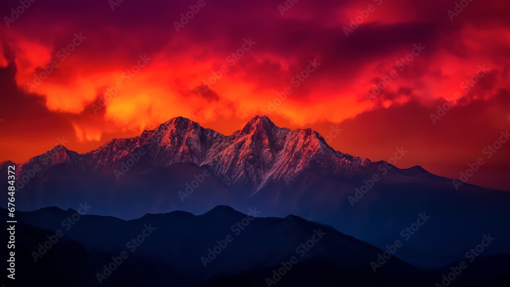 Dramatic Sunset with Red Clouds Over Snow-Capped Mountain Peaks