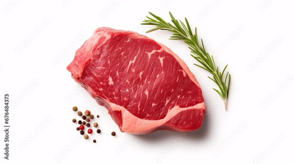 A juicy, uncooked beef steak atop a plain backdrop serves as a delicious culinary imagery concept.