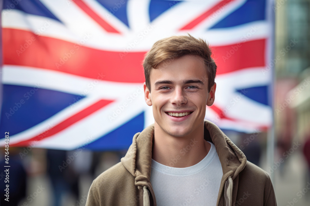 A mature British gentleman poses proudly with the UK flag, embodying the essence of English identity in a portrait. - obrazy, fototapety, plakaty 