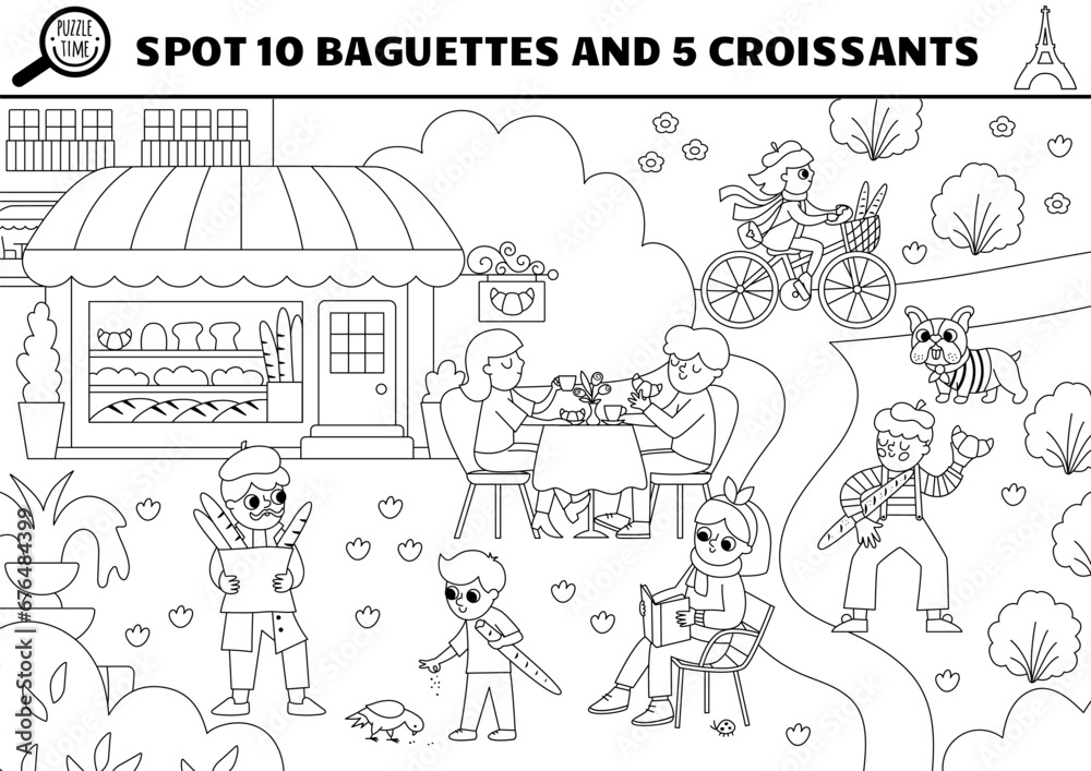 Vector black and white French searching game with Paris city landscape, park, people, animals. Spot hidden objects. Simple France seek and find educational printable activity or coloring page Vector black and white French searching game with Paris city landscape, park, people, animals. Spot hidden objects. Simple France seek and find educational printable activity or coloring page