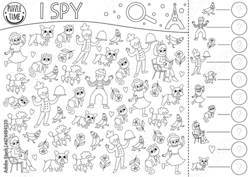France black and white I spy game for kids. Searching and counting activity with people, animals. French printable line worksheet. Simple spotting puzzle or coloring page with chef, mime, rose, girl.