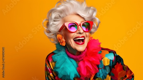 A cheerful and witty elderly woman wearing stylish clothing is portrayed against a colorful background.
