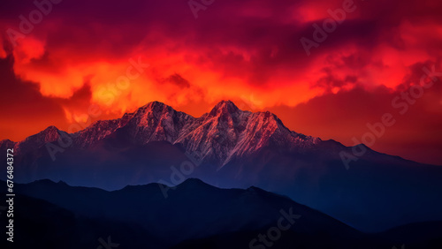 Dramatic Sunset with Red Clouds Over Snow-Capped Mountain Peaks