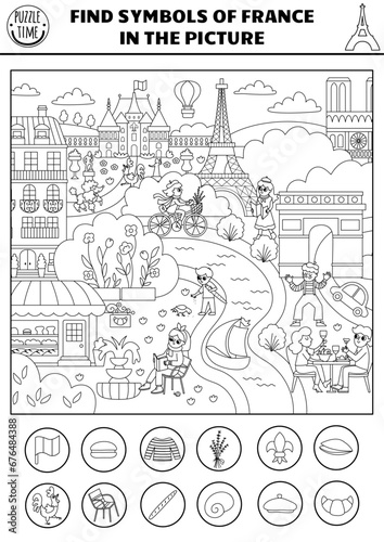 Vector black and white French searching game with city landscape, bakery. Spot hidden baguette, croissant. Simple France seek and find educational printable activity, coloring page.