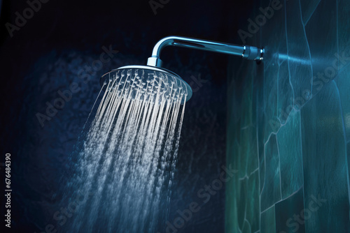 The close-up of a showerhead showcases the liquid motion of water, as droplets pour down in a symphony of freshness and cleanliness.