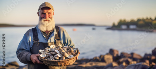 Against a serene water background, a fisherman proudly displays a catch of fresh oysters, setting the scene for a delectable seafood dinner. photo