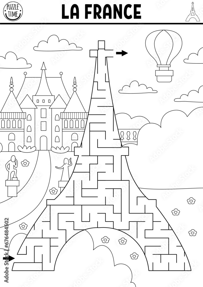 Black and white maze for kids with Eiffel Tower. French preschool printable line activity for children with main Paris landmark. Geometric labyrinth game, puzzle or coloring page with France scene.
