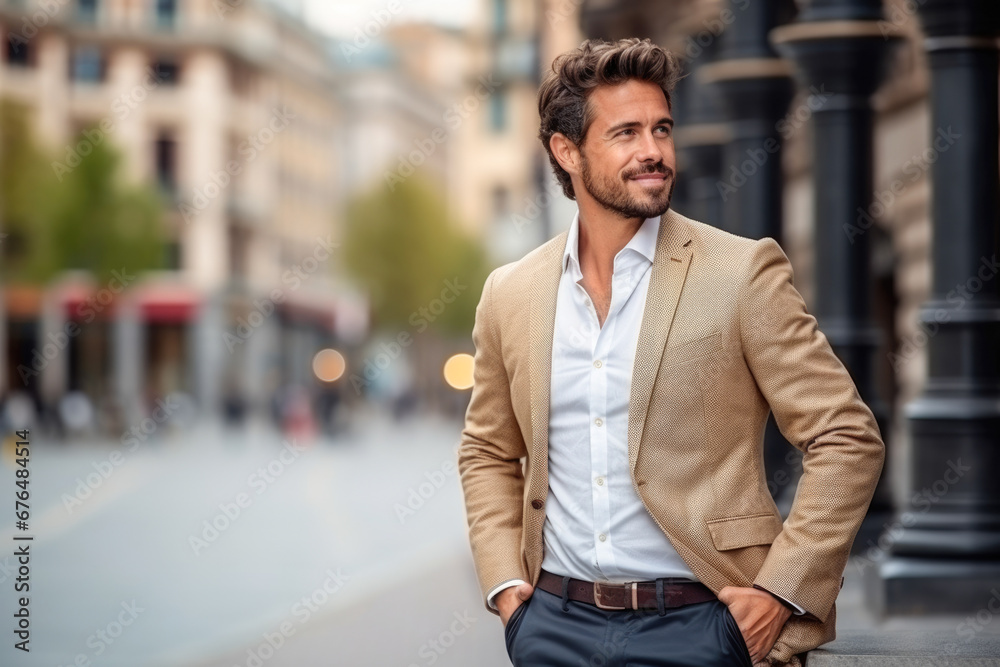 Wealthy attractive happy young male executive smiling looking away posing in downtown barcelona.