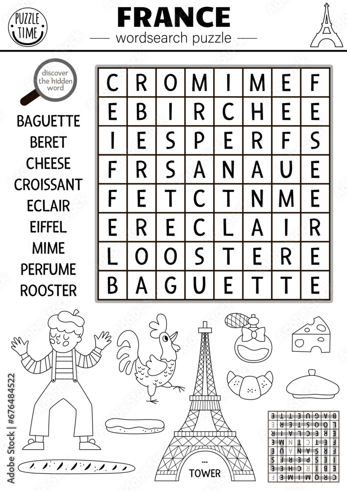 Vector black and white France word search puzzle for kids. Simple