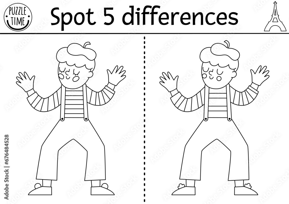 Find differences game for children. Educational black and white activity with cute mime. Puzzle for kids with funny French character. Printable worksheet, coloring page with traditional France symbol