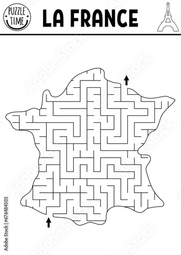 Black and white maze for kids with map of France. French preschool printable line activity for children. Geometric labyrinth game, puzzle or coloring page with country plan.