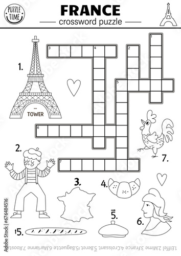 Vector black and white France crossword puzzle for kids. Simple French line quiz for children with traditional symbols. Educational activity, coloring page with croissant, Eiffel Tower.