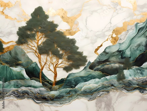 Wallpaper Mural Abstract art marble wallpaper for wall decor. Abstract marbling landscape in asian style. Malachite mountains and gold waves on a white marble background Torontodigital.ca