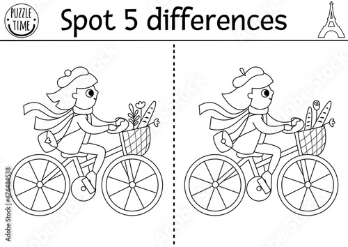 Find differences game for children. Educational black and white activity with cute girl riding bike with baguette. Puzzle for kids with French character. Printable worksheet, coloring page.