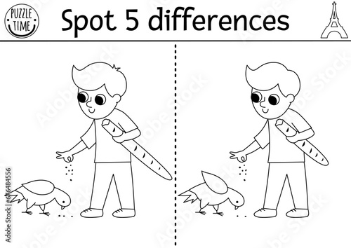 Find differences game for children. Educational black and white activity with cute boy feeding pigeon with baguette. Puzzle for kids with French character. Printable worksheet or coloring page.