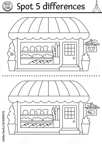 Find differences game for children. Educational black and white activity with cute bakery, croissant, baguette. Puzzle for kids with funny French bread shop. Printable worksheet or coloring page.