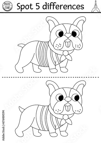 Find differences game for children. Educational black and white activity with cute poodle. Puzzle for kids with funny French dog. Printable worksheet or coloring page with France symbol.