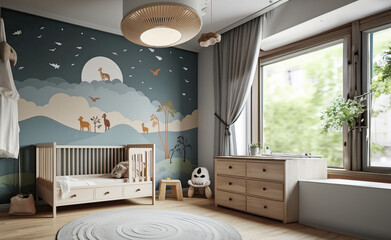 newborn baby room with toys, children's chair, natural basket with teddy bear and small shelf. Modern interior , Background
