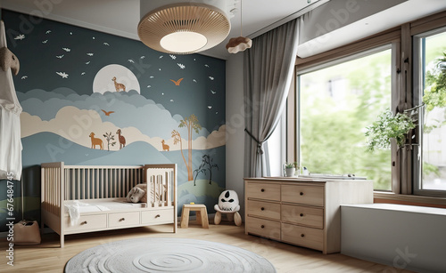 newborn baby room with toys, children's chair, natural basket with teddy bear and small shelf. Modern interior , Background