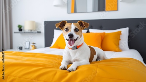 In an opulent bedroom decorated in vibrant colors and a king-size bed, resides a contented mixed-breed dog named Ginger. Pet-friendly lodging or apartment © Suleyman
