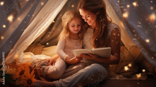 mother and daughter having fun in the tent at home in a happy family