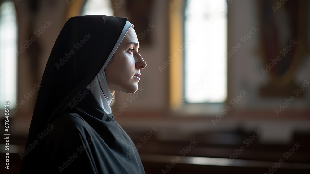 Young Catholic nun praying in catholic church. - obrazy, fototapety, plakaty 