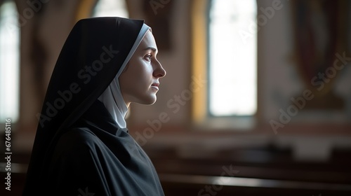 Young Catholic nun praying in catholic church. photo