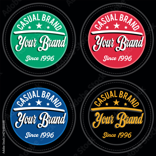 Denim labels. Graphic leather stripe and textured background, embroidery typography authentic jeans clothing fashion print collection, vintage emblems with western label retro text vector isolated set