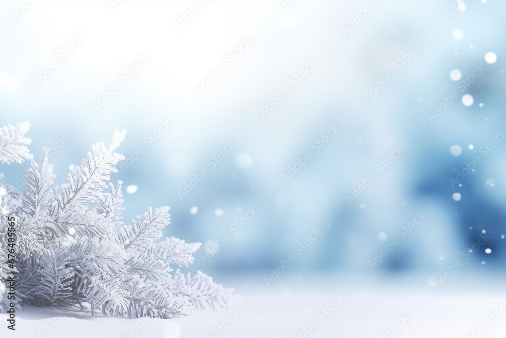 Winter background of frosted spruce branches and small drifts of snow, with bokeh, with space for text