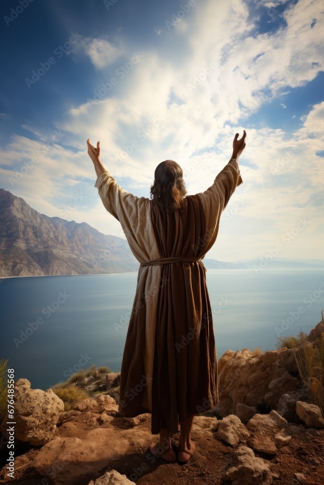 Old prophet with beard prays smiling with widely spread arms raised to sky standing on hill by lake Old prophet with beard prays smiling with widely spread arms raised to sky standing on hill by lake