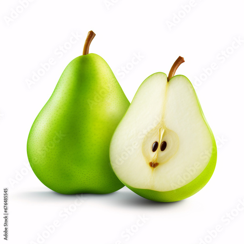 A whole and halved pear sits alone on white, displaying a full depth of field and slice of the green fruit.
