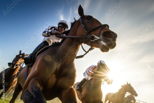 Horse riders compete on horse races for winner place of fastest rider at racetrack with spectators photo