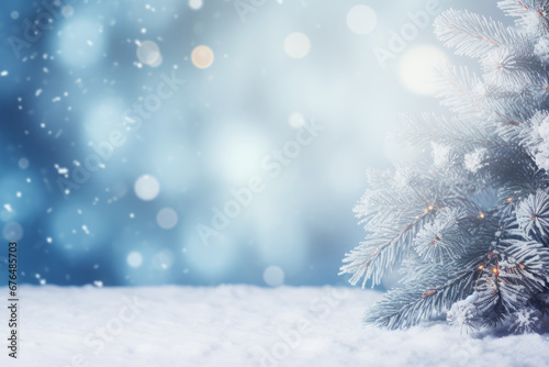 Winter background of frosted spruce branches and small drifts of snow, with bokeh, with space for text