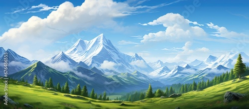 During summer travels the picturesque landscape of lush green trees vibrant grass and majestic mountains against a backdrop of clear blue skies and snowy peaks create an idyllic background 