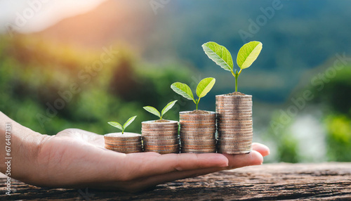 concept of financial investment money saving money growth business success and eco business investment sustainable finance hand holding step of coins stacks with tree growing on top