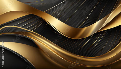 abstract background with realistic golden and black wavy fluid shape interwined gold stripes generative ai photo