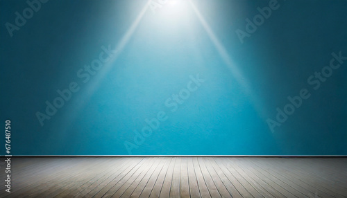 blue empty wall and wooden floor with interesting light glare interior background for the presentation