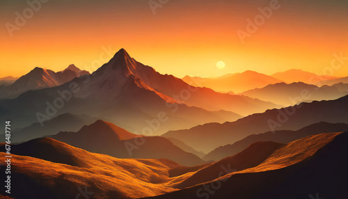 vector art illustration with a mountain range and a setting sun with orange hues ai generative art © Pauline