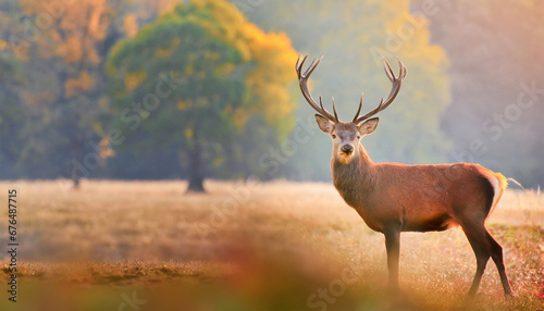 banner with red deer stag in the autumn field noble deer male beautiful animal in the nature habitat wildlife scene from the wild nature landscape wallpaper beautiful fall background © Pauline