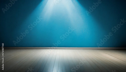 beautiful versatile backdrop for design and product presentation with blue wall light reflections and wooden floor