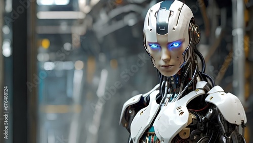 AI-generated life-like female android with cybernetic elements