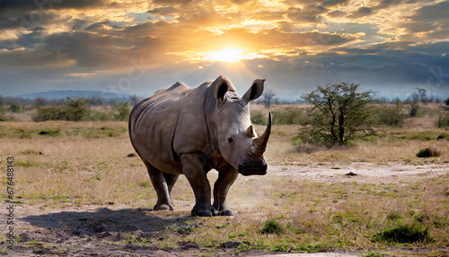 powerfull african rhino in the savanna at sunset amazing african wildlife generative ai
