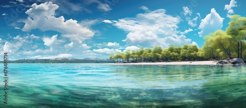 In the beauty of a summer day the sky and clouds reflect off the clear waters of the lake enhancing the natural landscape and creating an idyllic beach for travel and relaxation amidst the 