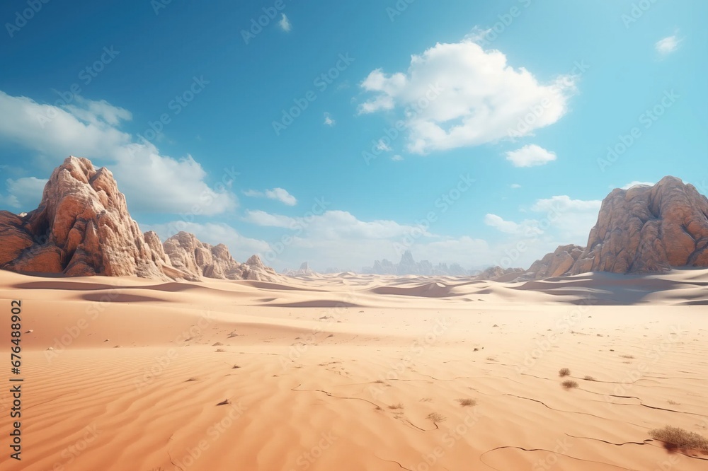 A Hot Dry Desert Landscape of Golden Rippled Sand Against a Bright Blue Sky with Clouds Sun Shine Rocks Grass and Tumbleweed