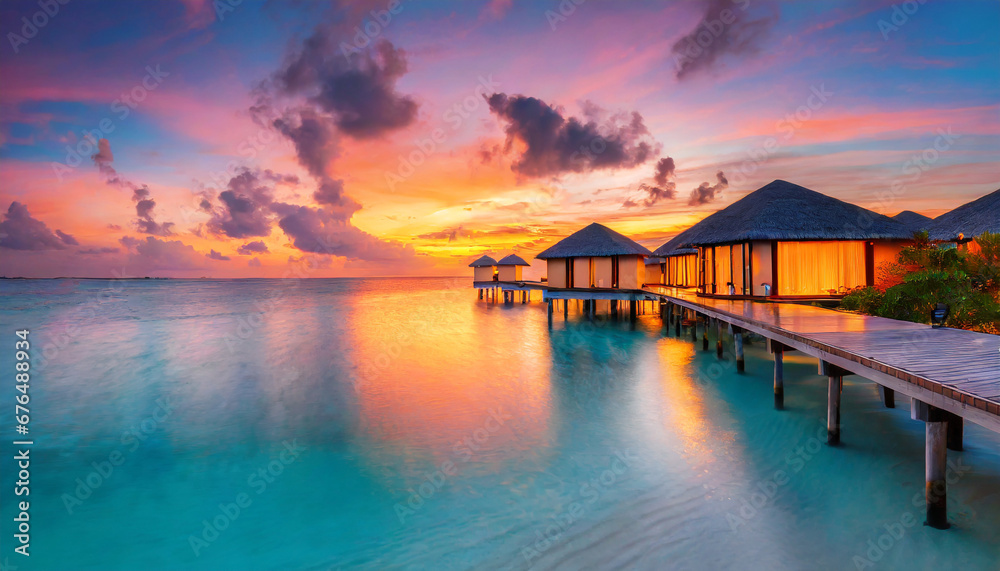 amazing sunset panorama at maldives luxury resort villas seascape with soft led lights under colorful sky beautiful twilight sky and colorful clouds beautiful beach background for vacation holiday