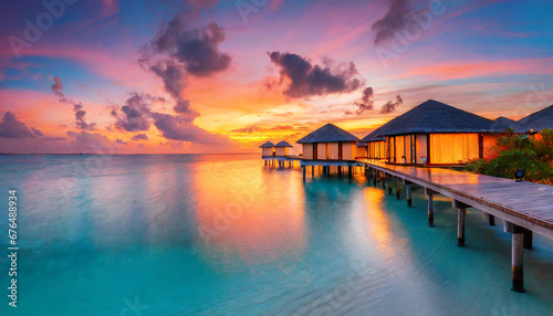amazing sunset panorama at maldives luxury resort villas seascape with soft led lights under colorful sky beautiful twilight sky and colorful clouds beautiful beach background for vacation holiday